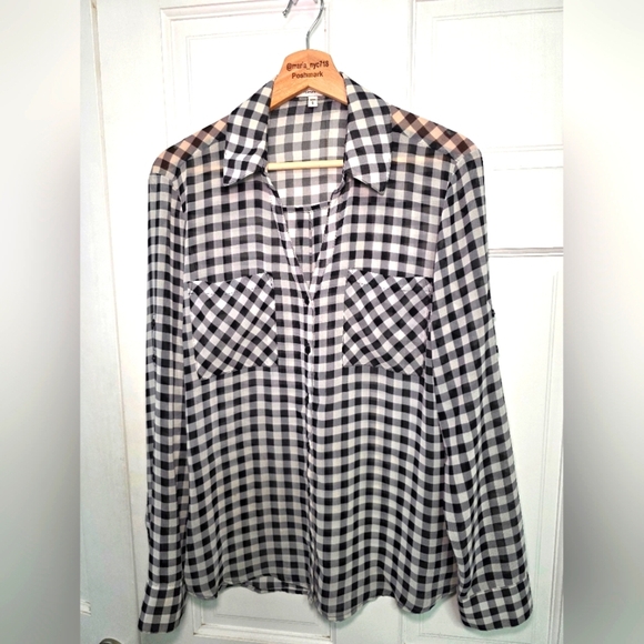 Express Buffalo Black And White Check Portofino Sheer Button Down Shirt- Size Lg - Picture 1 of 8